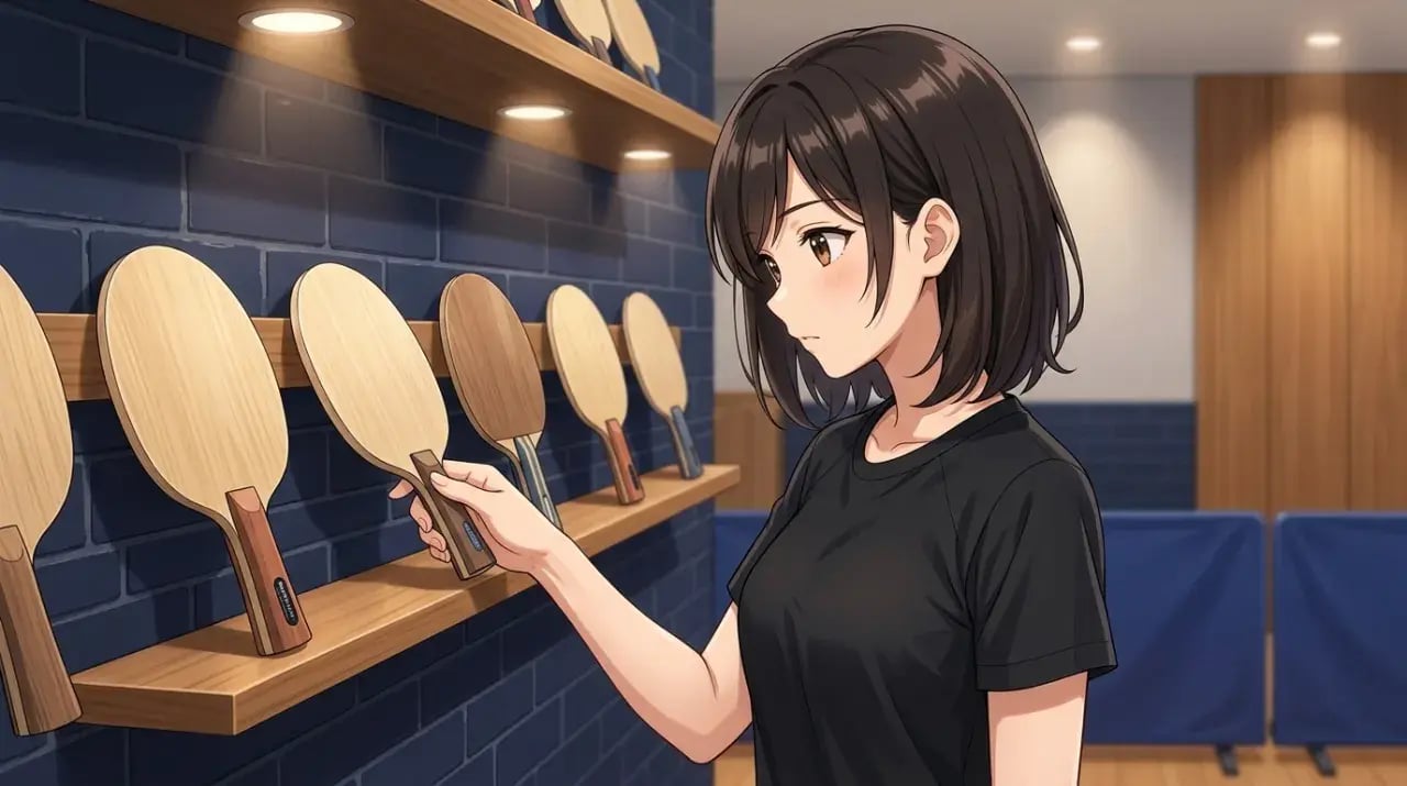 卓球ショップで木材ラケットが並ぶ棚を眺め、1本を手に取ろうとする若い女性。
