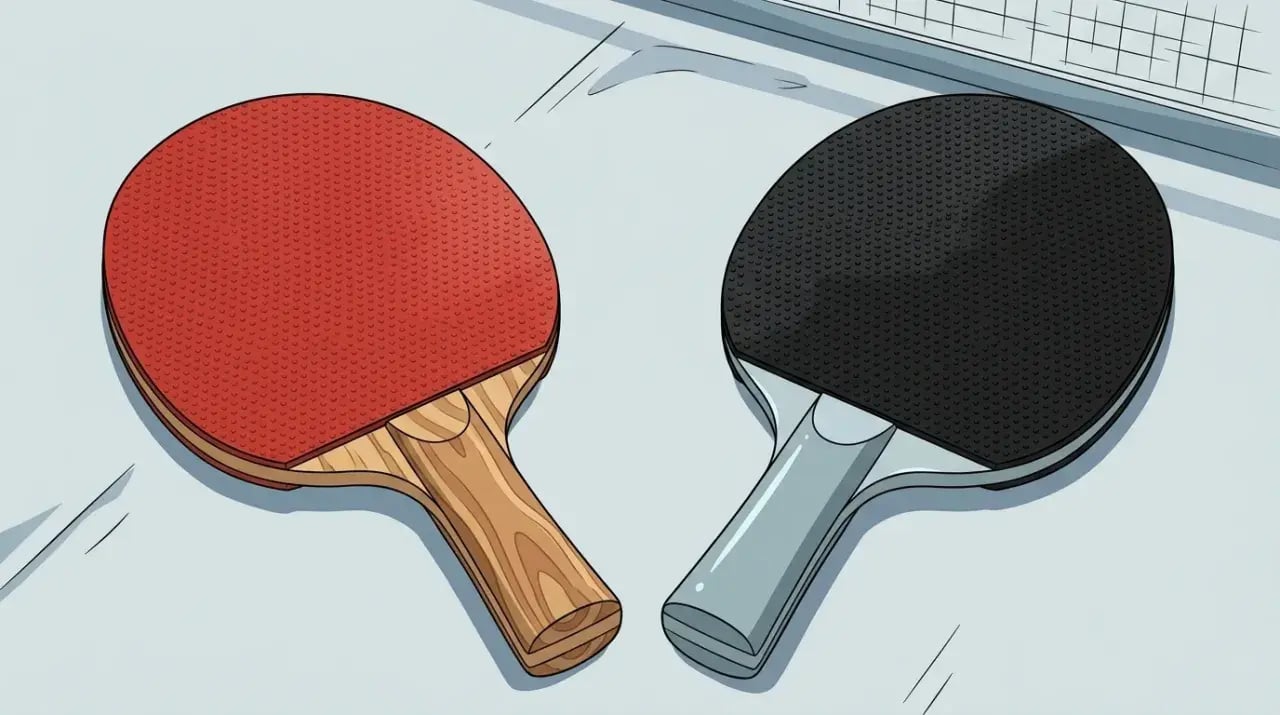 異なる素材感を持つ2本の卓球ラケットが、明るい背景に並べられているクローズアップ。