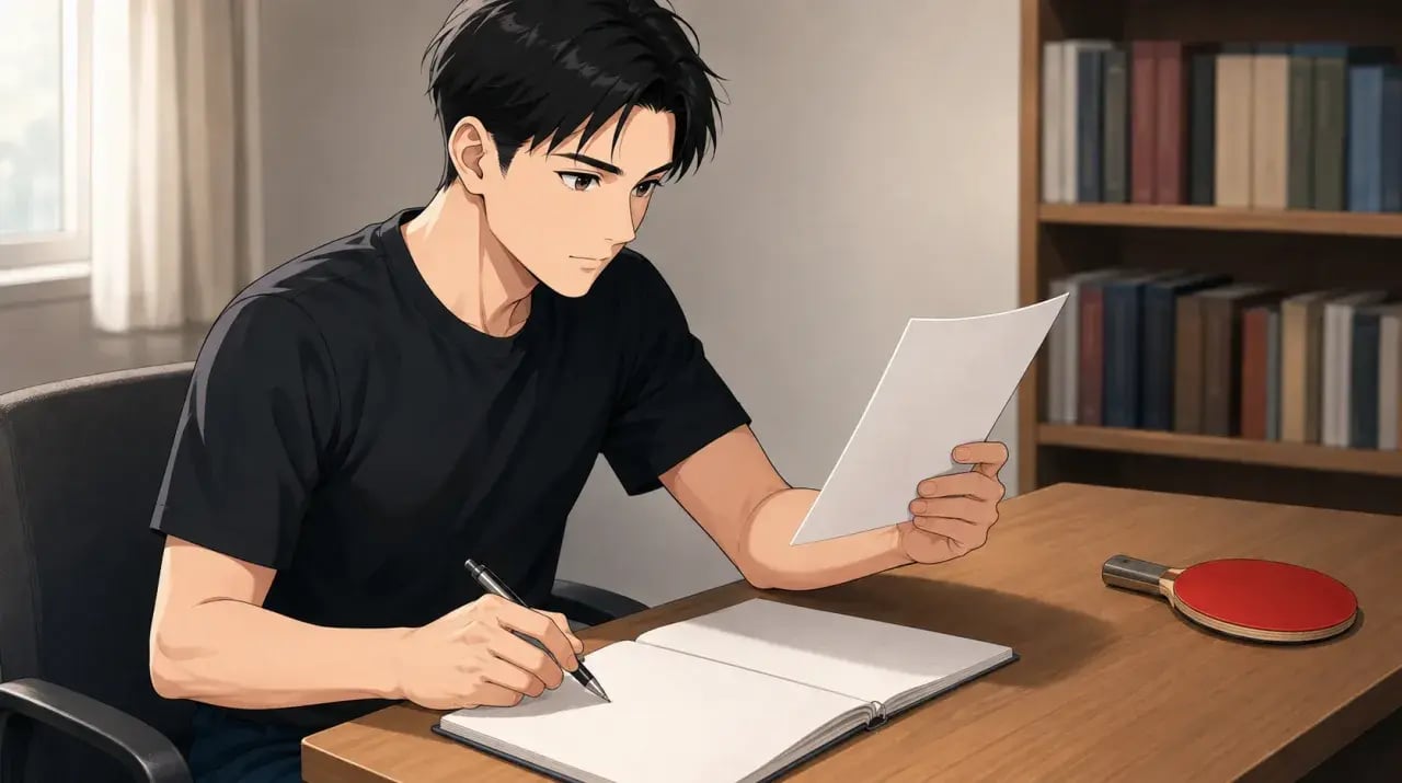 机で課題用紙を読み、ノートに書く内容を整理する男子学生
