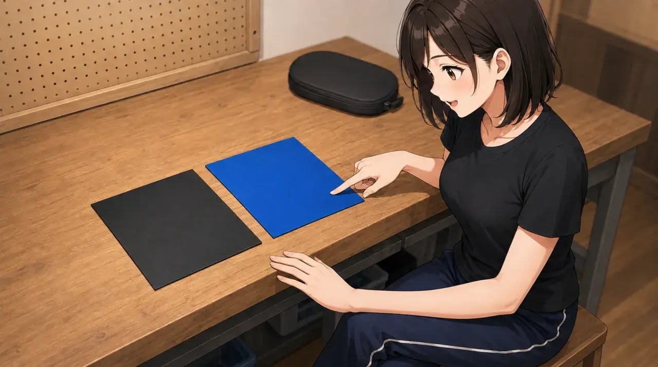 作業台に並べた黒と青のラバーを見比べる女性