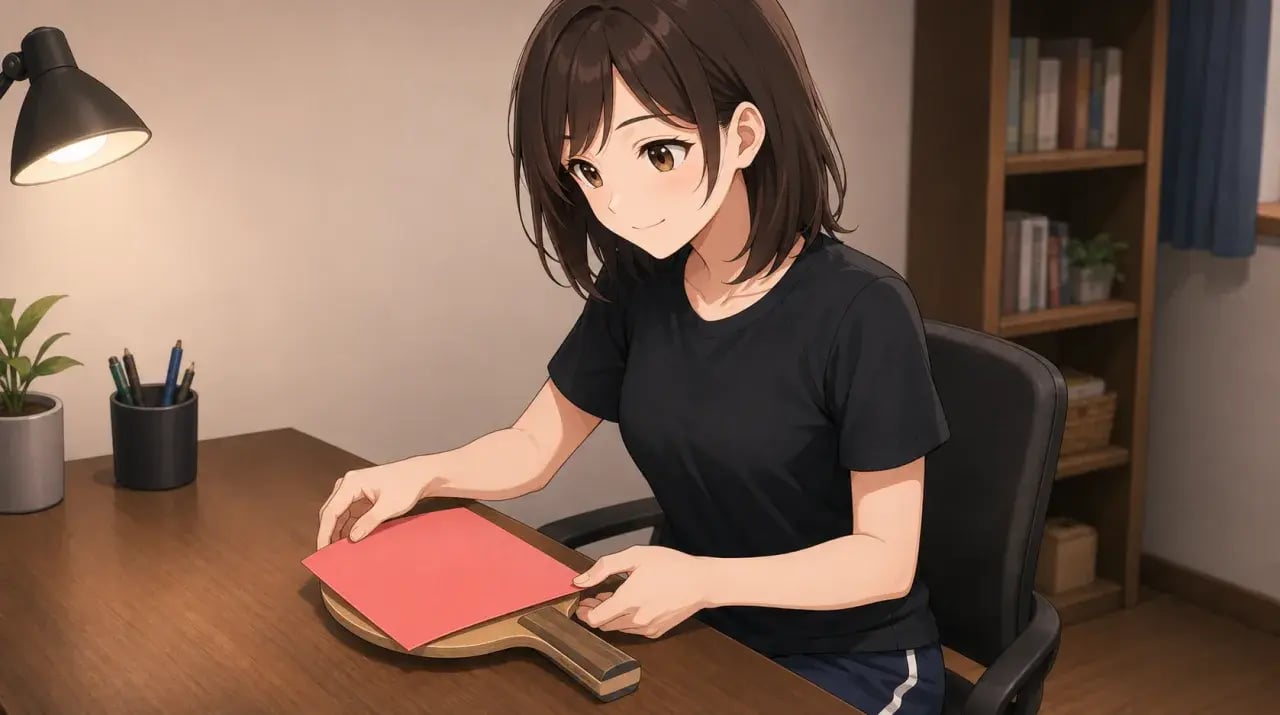 接着前にピンクのラバーをラケットへ仮置きする女性