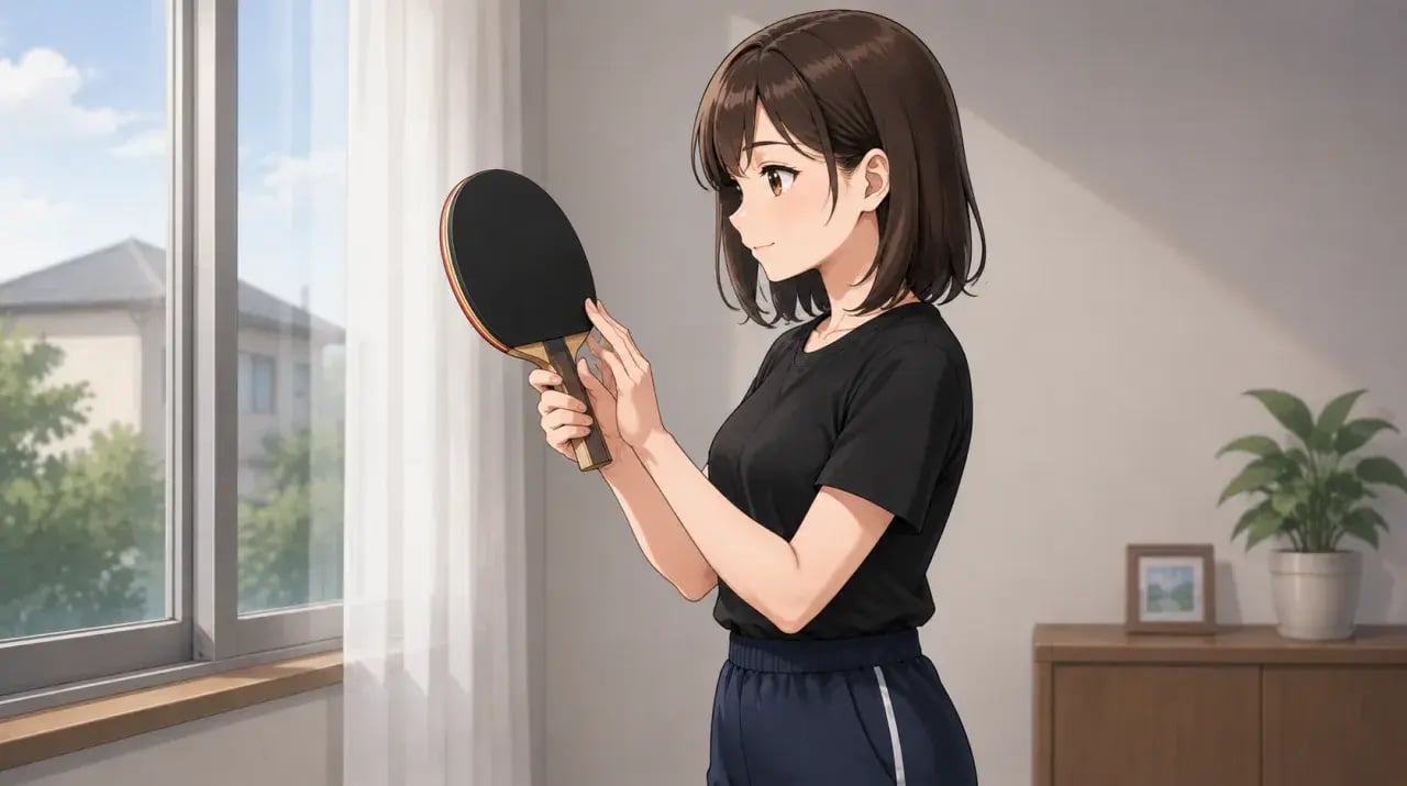 窓辺でラケットの黒いラバー面と縁を点検する女性