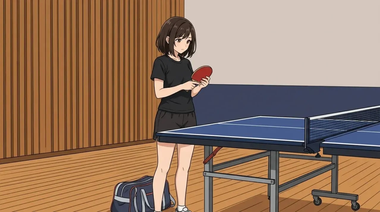卓球台のそばで、新しいラケットを見つめながらたたずむ若い女性。少し疲れた様子だが、決意に満ちた表情をしている。