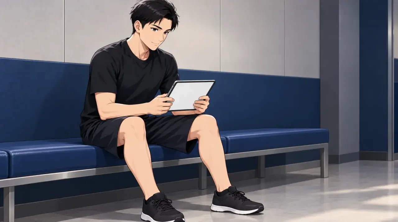 練習場のベンチでタブレットを見る黒いスポーツウェアの男性