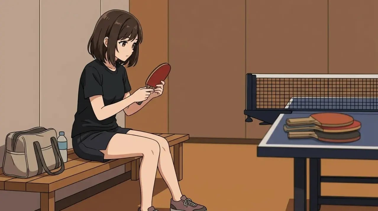 卓球の戦型について考える若い女性がベンチに座りラケットを眺めている様子