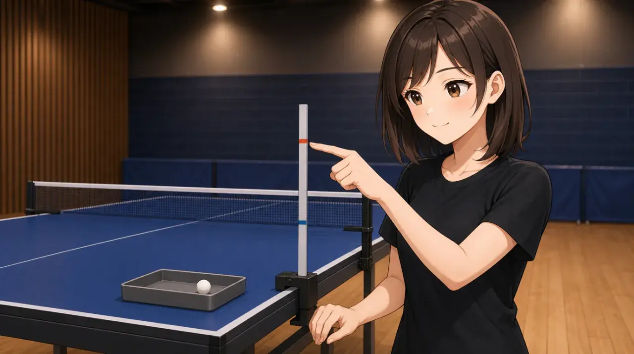 卓球台に固定した目盛りのない高さガイドでトスの練習幅を確認する女性