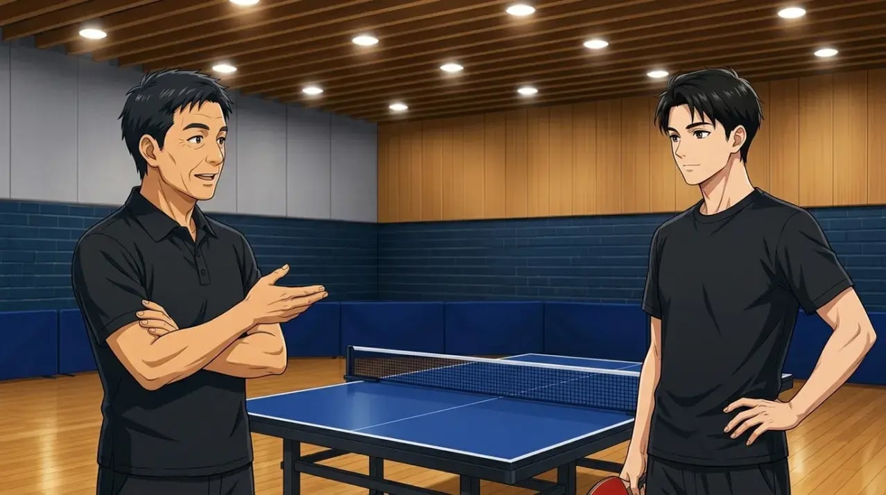 卓球台をはさんでサーブ戦術を話し合う2人のプレーヤー
