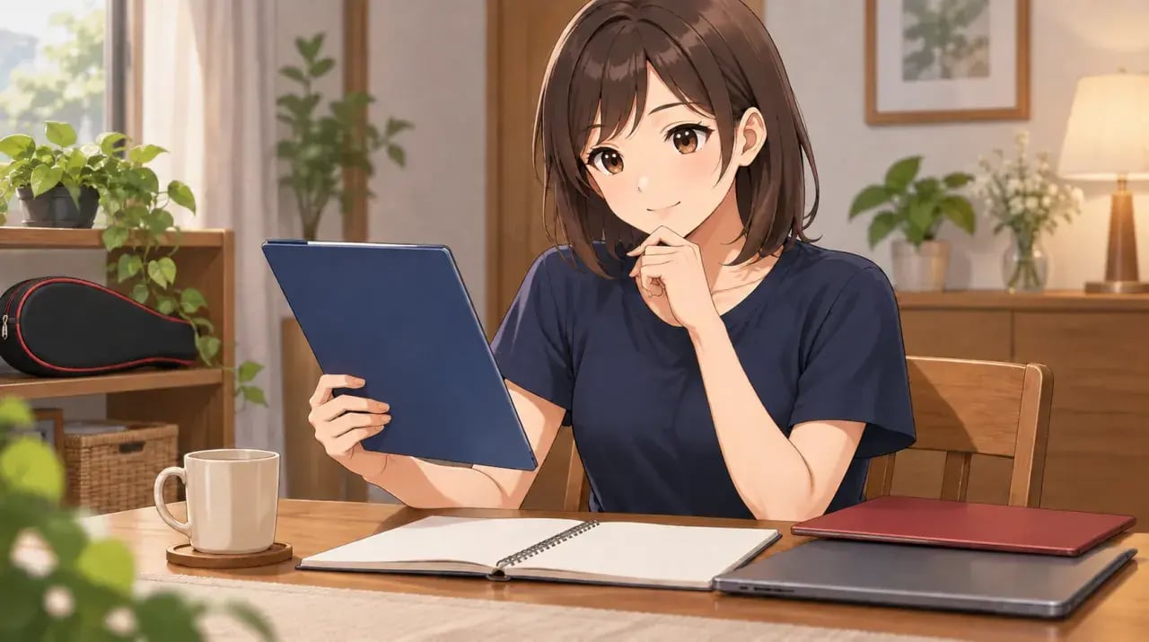 資料の入ったファイルを自宅で見比べる女性