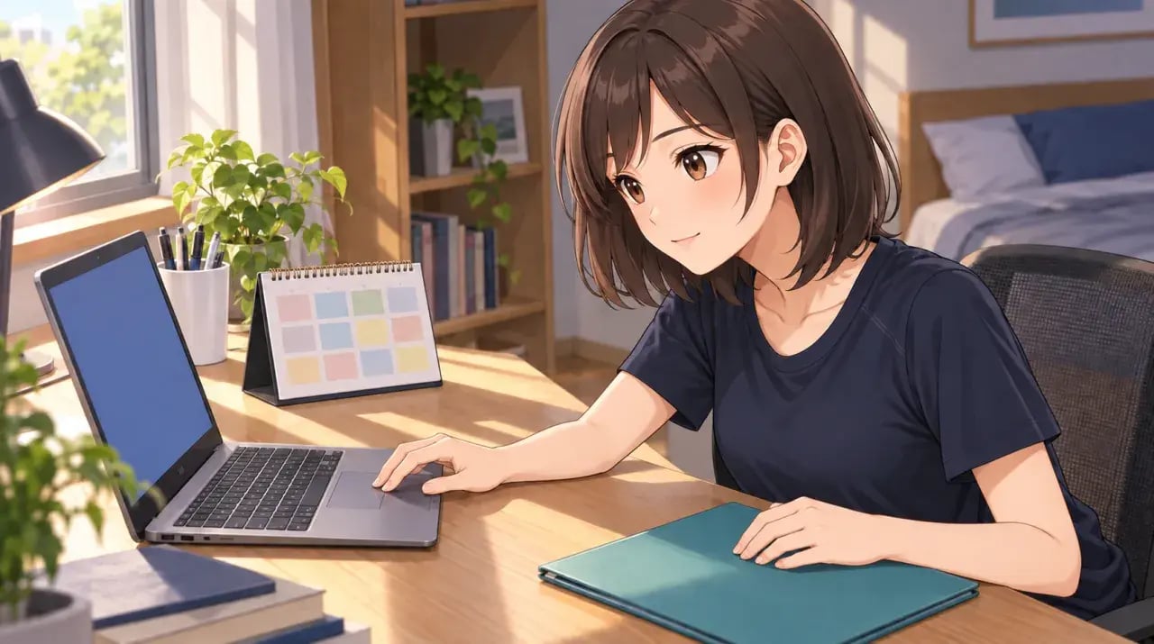 卓上の予定表とパソコンを確認する女性