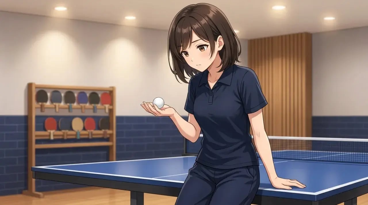 卓球場で白ボールを手のひらに乗せて回転の性質を考察する若い女性コーチ。