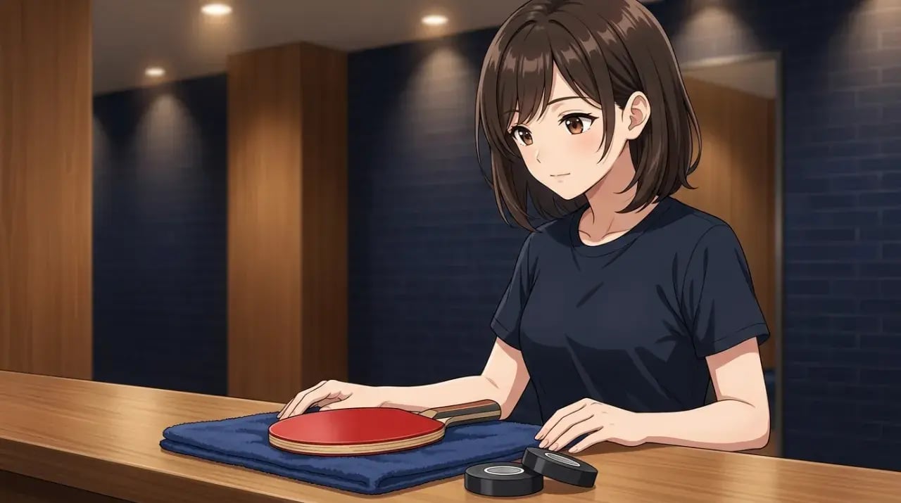ラケットとサイドテープを机に並べて確認する女性