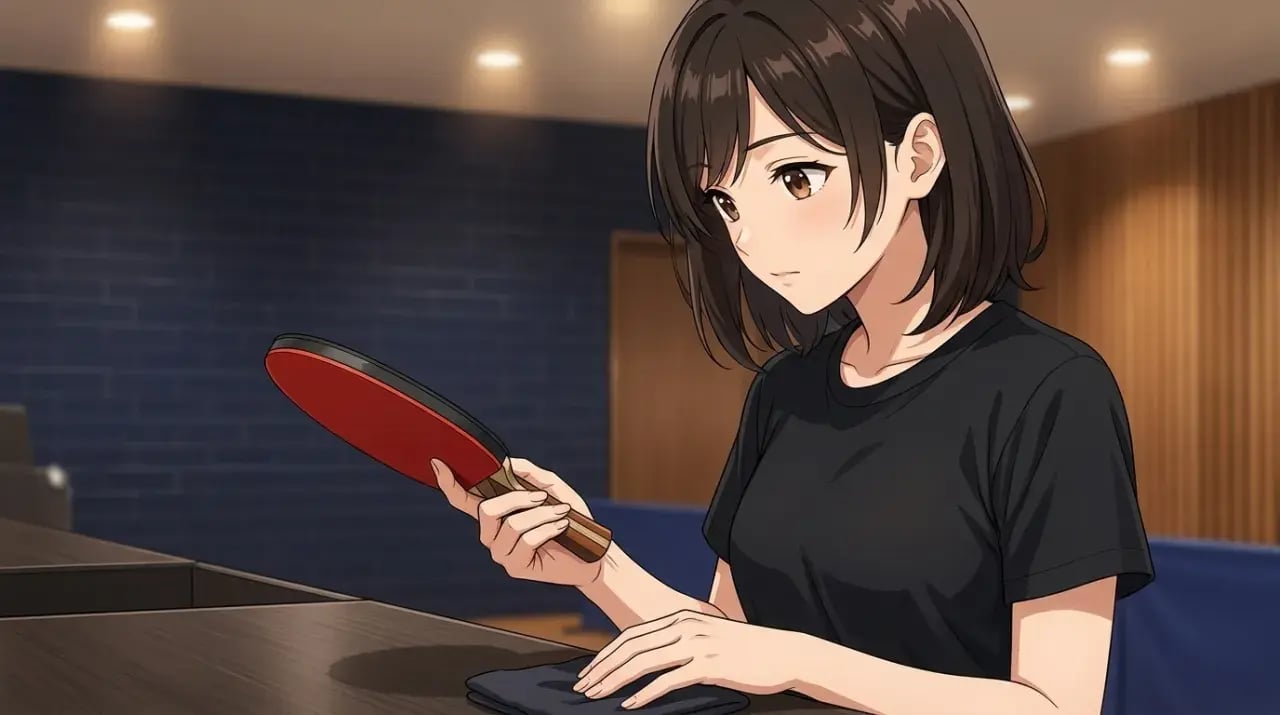 ラケットを横から見て側面のテープを点検する女性