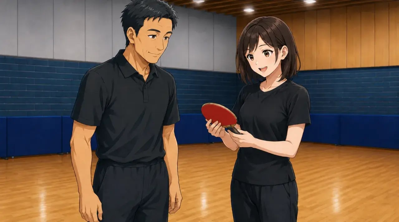 練習の合間に、ラケット面を見ながら話す男女