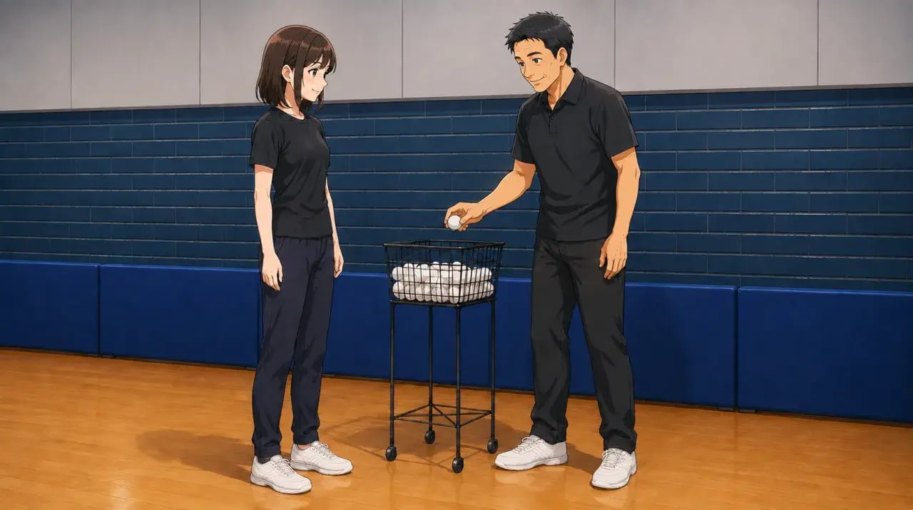 球かごからボールを取り出す男性と、隣で練習の準備をする女性