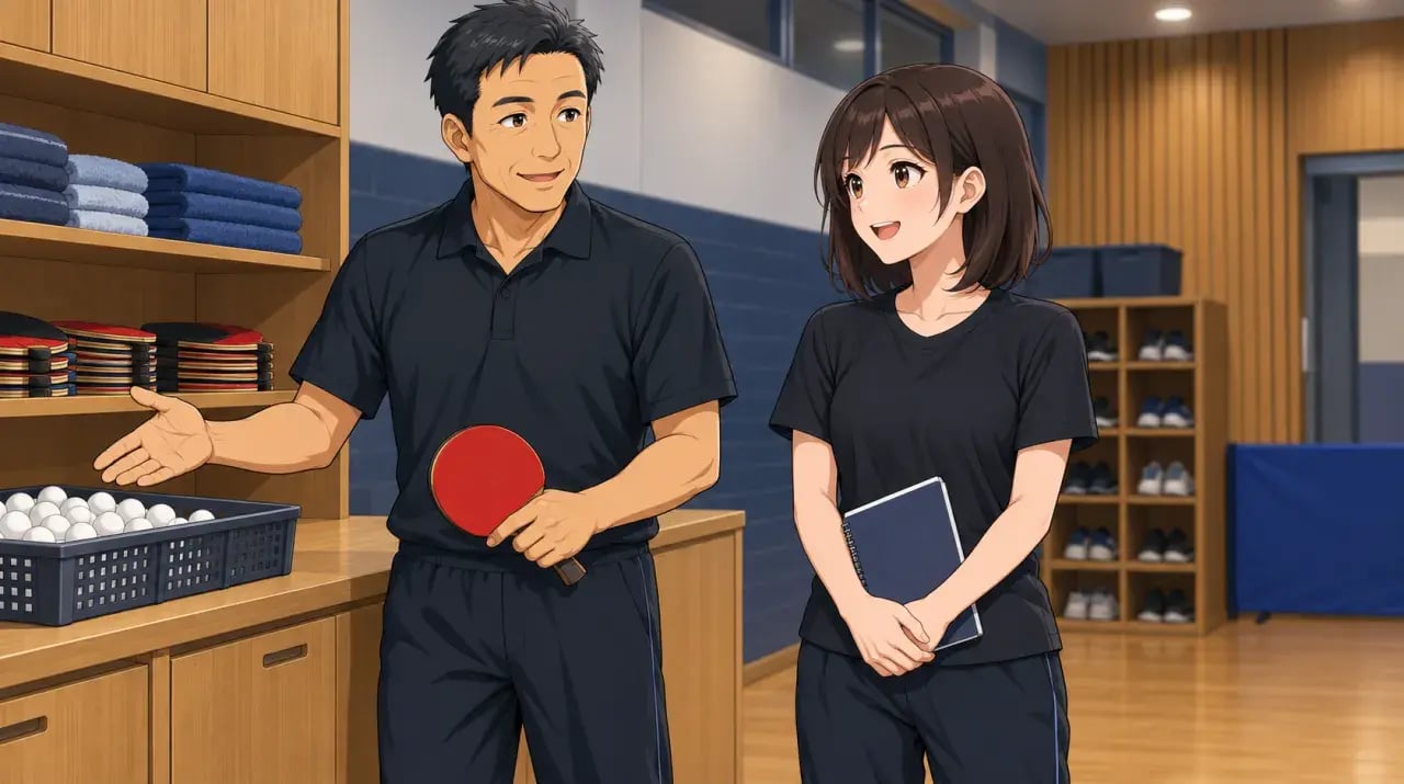 用具の棚のそばで指導者の話を聞く女性