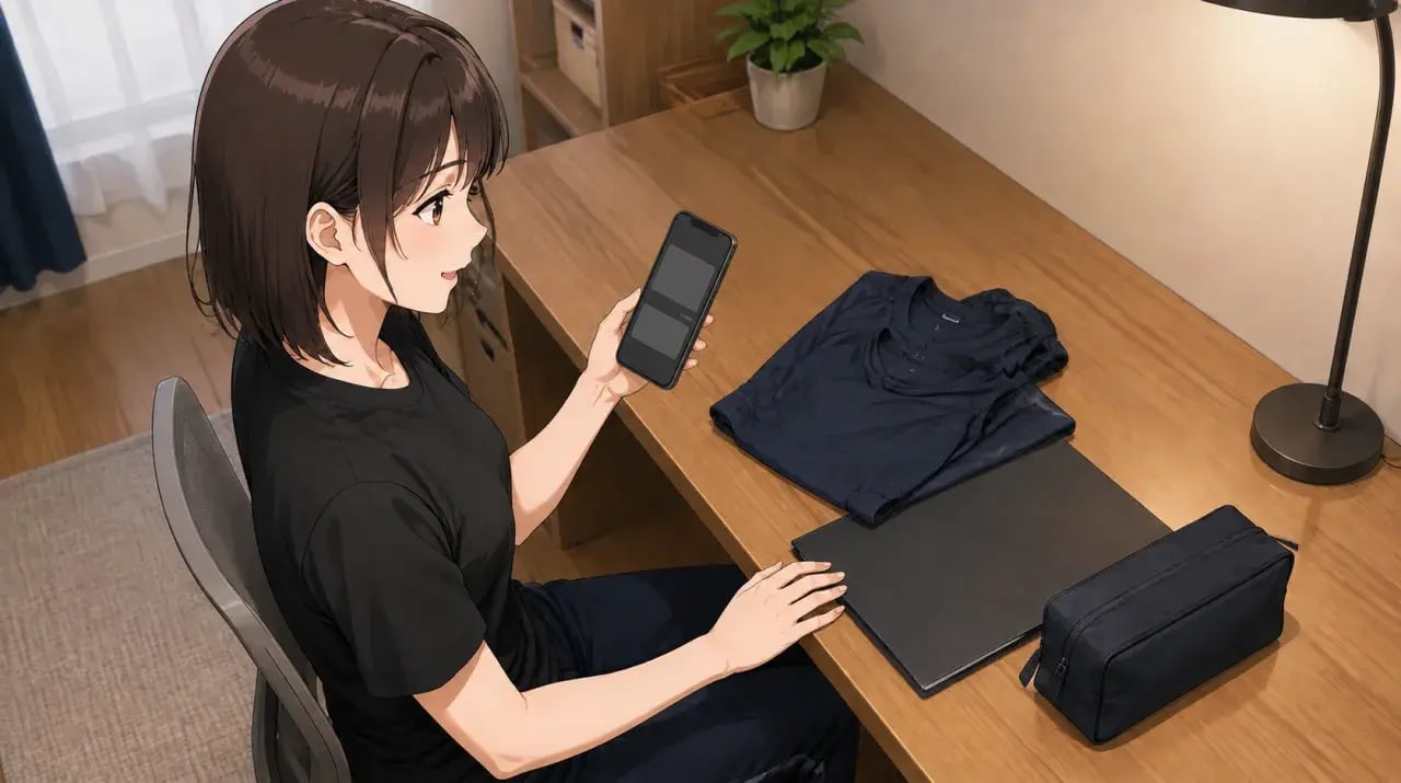 競技用の服と書類を机に用意し、スマートフォンで案内を確認する女性