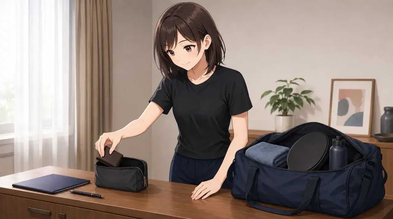 書類と財布を入れる小さなバッグを、ラケットケースやタオルの入ったスポーツバッグと分ける女性