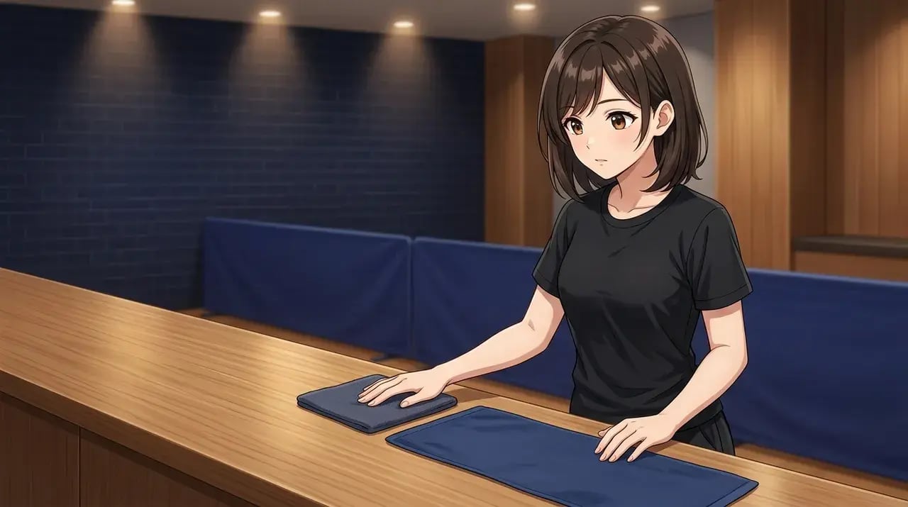 大きさの異なるタオルを机に並べて確認する女性