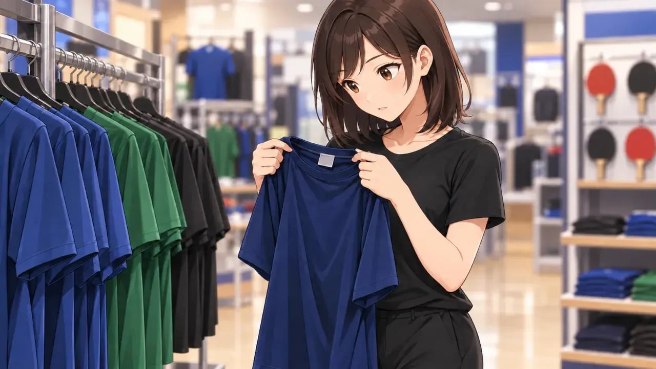 用品店で紺のユニフォームを手に取り、襟元のタグを確かめる女性