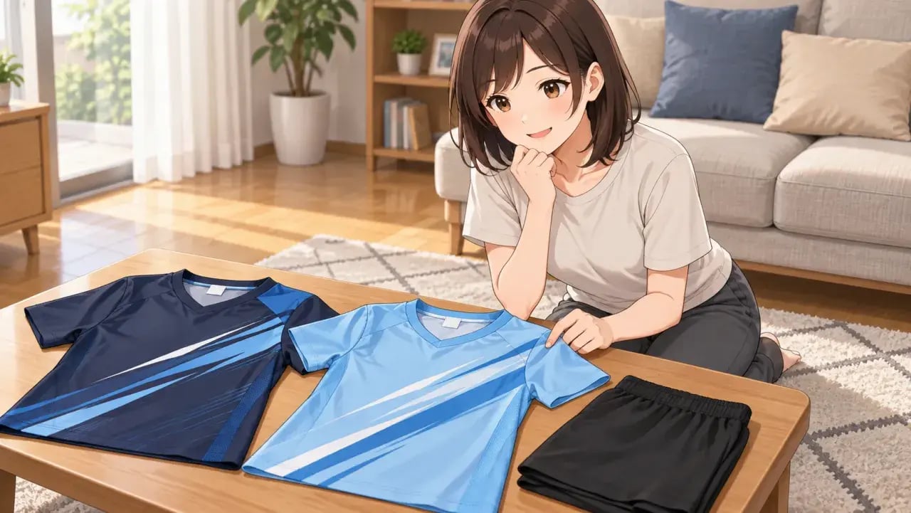 紺と水色のユニフォームを並べて、どちらを合わせるか見比べる女性