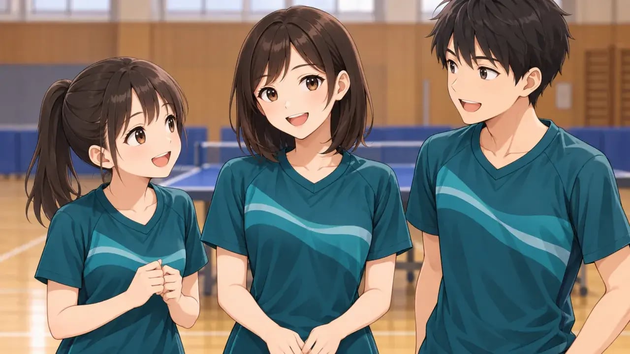そろいのユニフォームを着て練習場で笑顔で話す3人のチームメイト