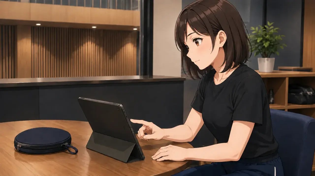 ラウンジの机に置いたタブレットを操作して確認する女性