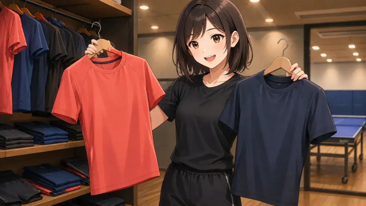 店頭で赤と紺の卓球ウェアを手に取り、用途に合う一着を比べる女性