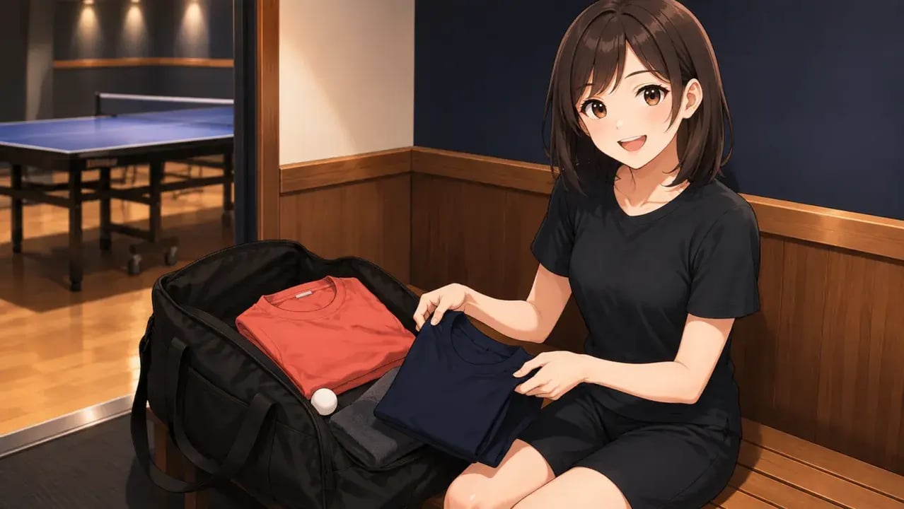 大会前に赤と紺の色違いシャツをスポーツバッグへ準備する女性