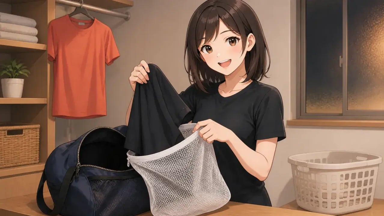練習後の卓球ウェアをバッグから取り出して洗濯ネットへ入れる女性