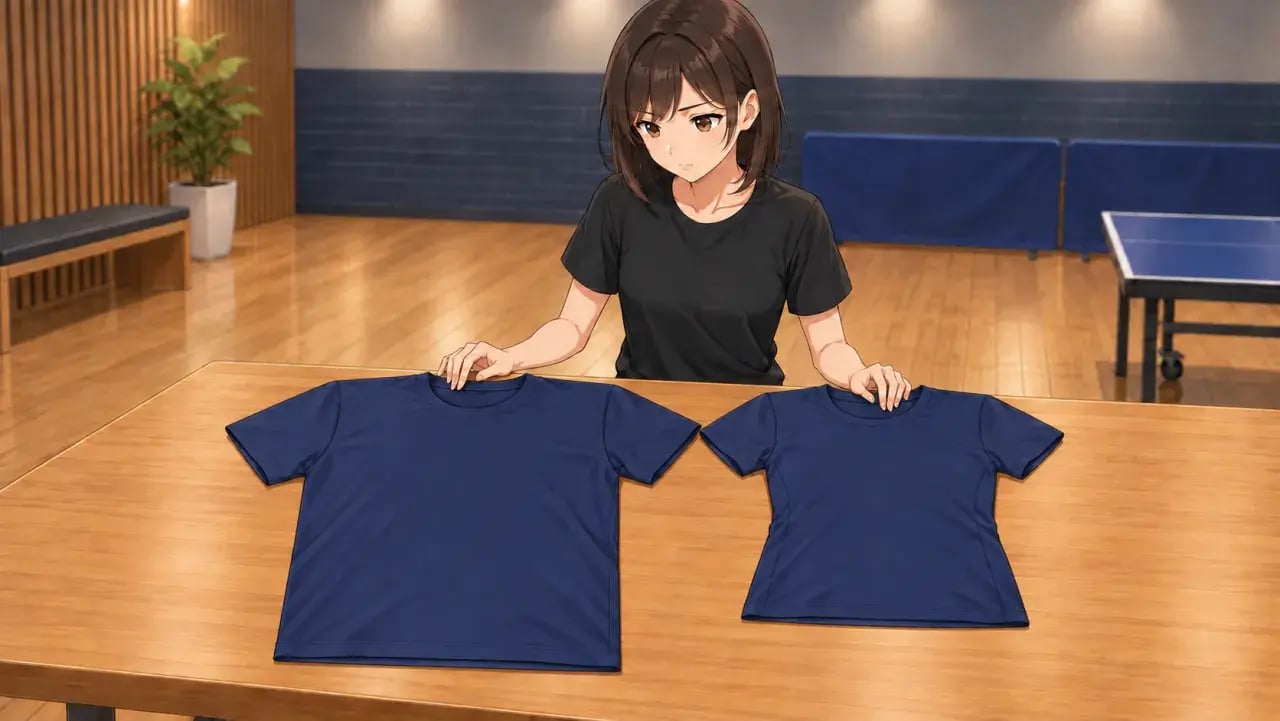 机に並べた丈と幅の違う紺のシャツ2着の襟元に手を添え、見比べる女性