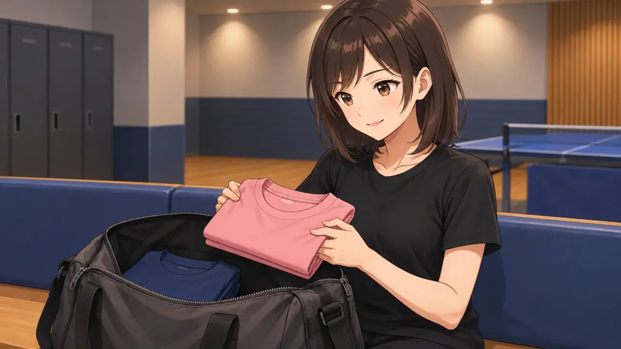 ベンチに座った女性が、紺のシャツが入ったスポーツバッグに、たたんだピンクのシャツを入れようとしている様子