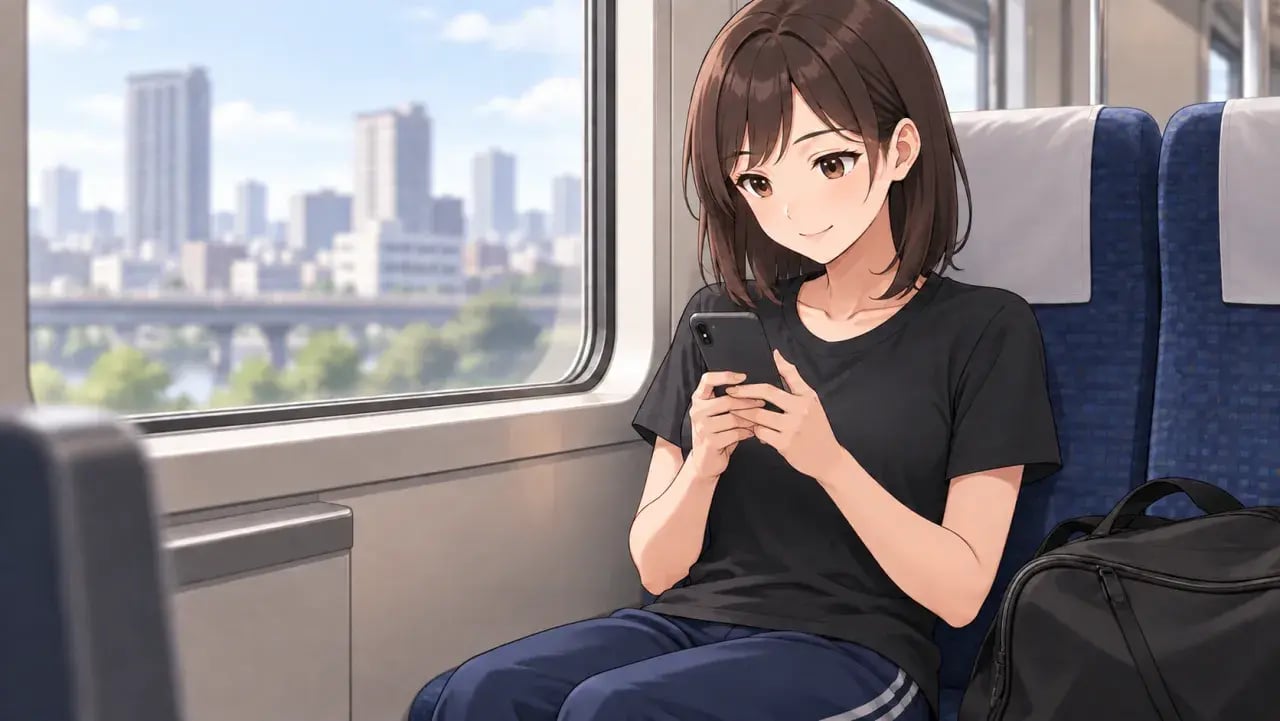 電車の窓際でスマートフォンを確認する女性