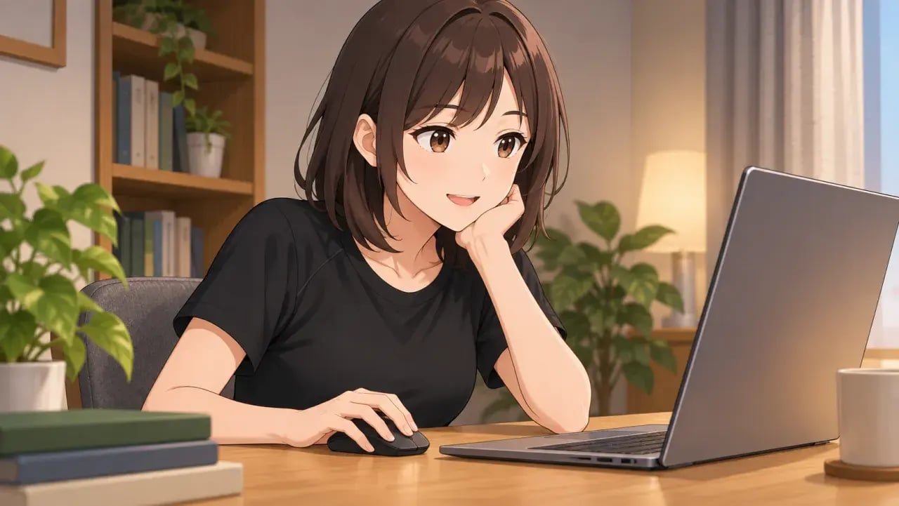自宅の机でマウスを操作しながらノートパソコンを見る女性