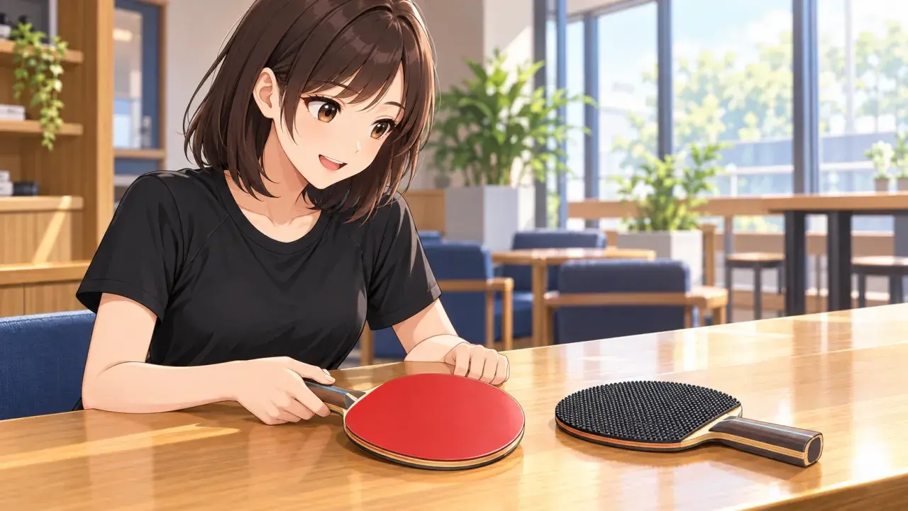 明るいラウンジで女性が、表面の平らな赤いラバーと粒が外に出た黒いラバーを見比べている