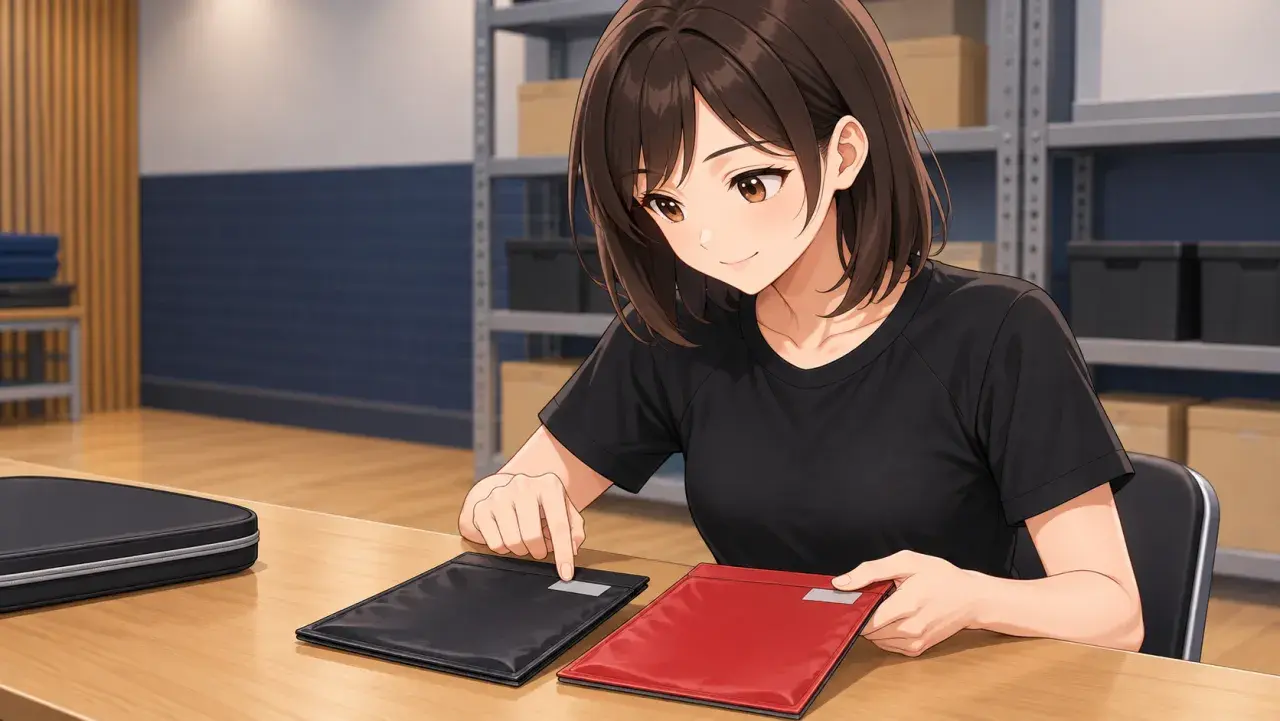 練習場で女性が赤と黒のラバー包装の裏面にある欄を見比べている
