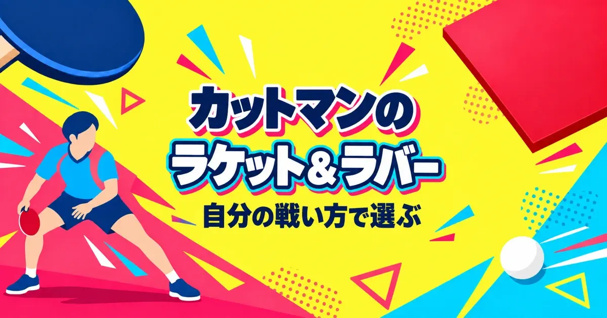 低く構えるカットマンとラケット・ラバーを描いた明るいイラスト