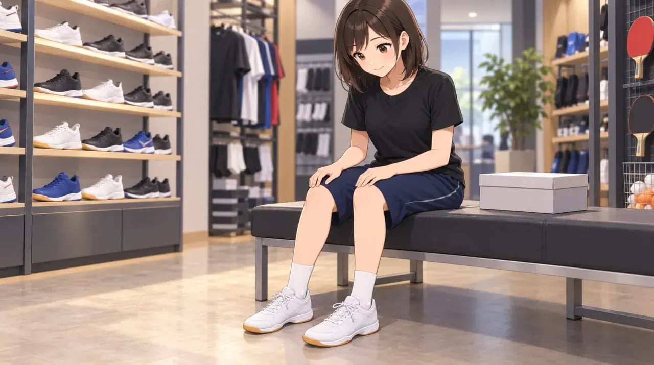 用具店のベンチに座り両足に履いた室内用シューズを確認する女性