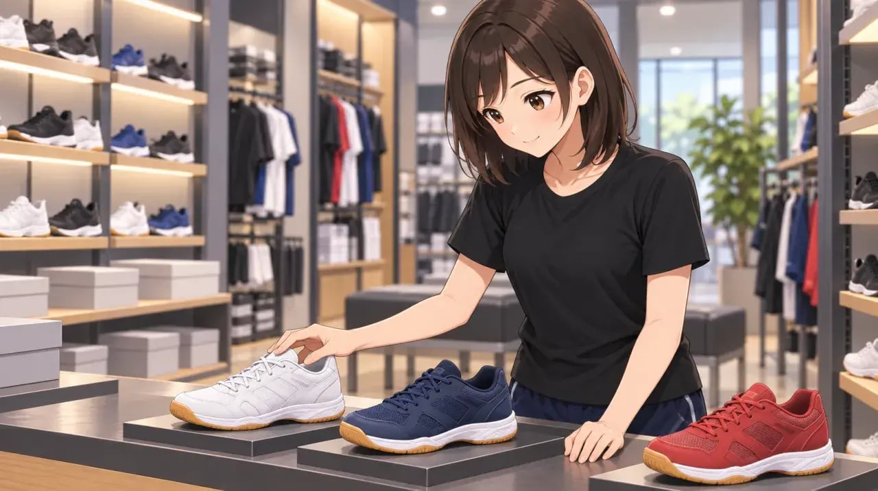 用具店で汎用の室内用シューズ3足を見比べる女性