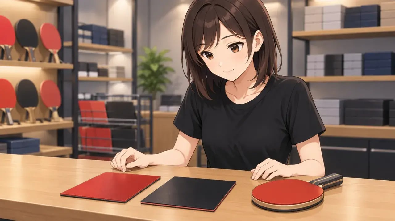 用具店のカウンターで赤と黒のラバーとラケットを見比べる女性
