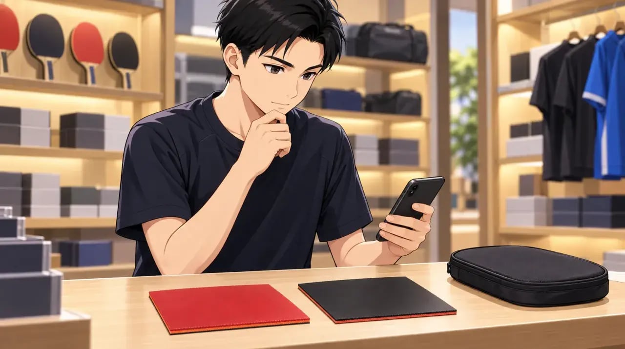 用具店で赤と黒のラバーを前にスマートフォンを確認する男性