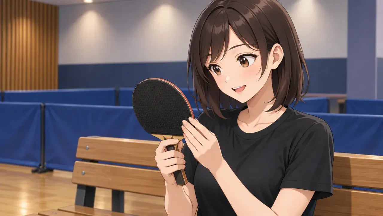 表ソフトラバーを貼ったラケットを確認する女性