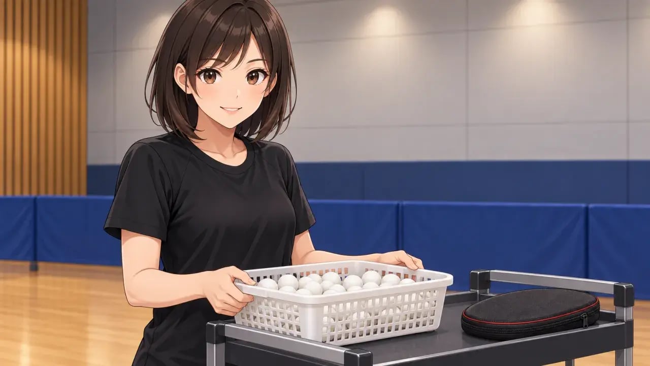 多球練習に使うボールのかごを用意する女性