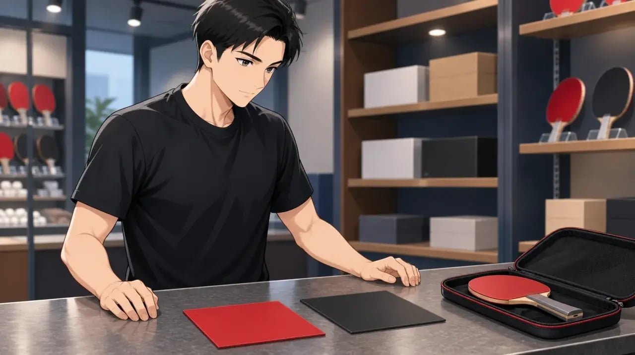 用具店のカウンターでラバーを比較する男性のイラスト