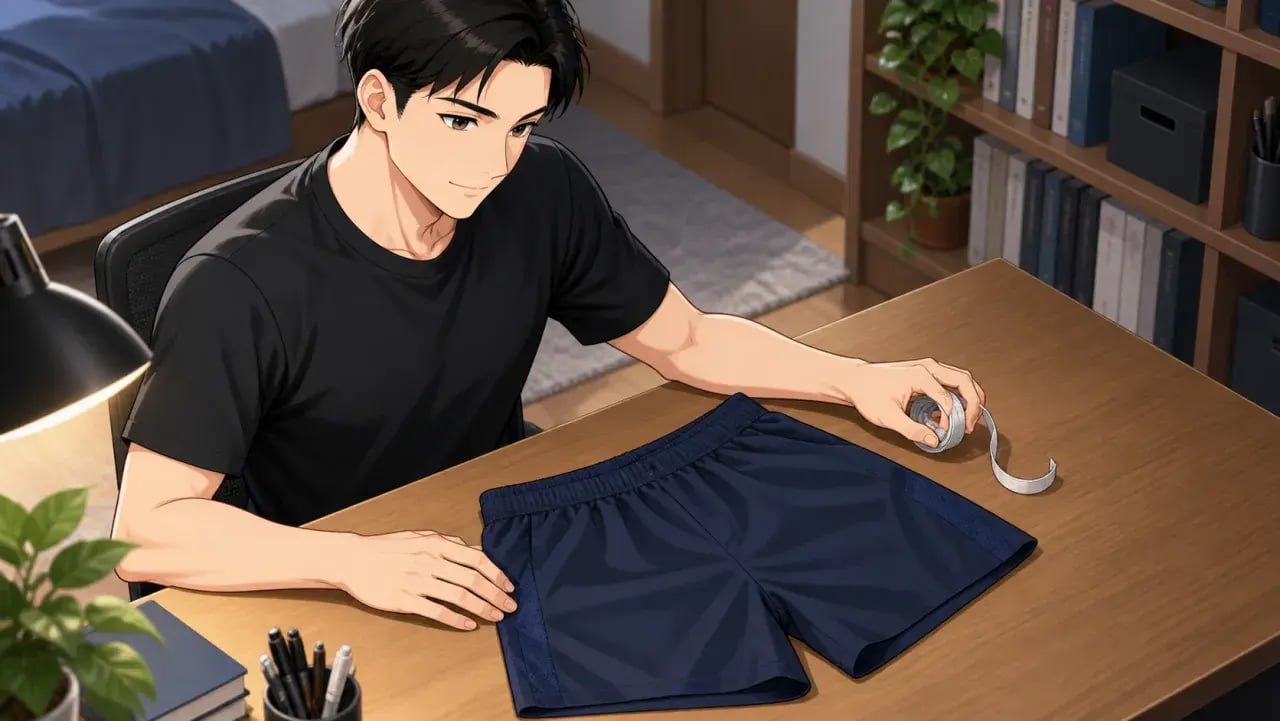 机に広げたゲームパンツとメジャーを確認する男性