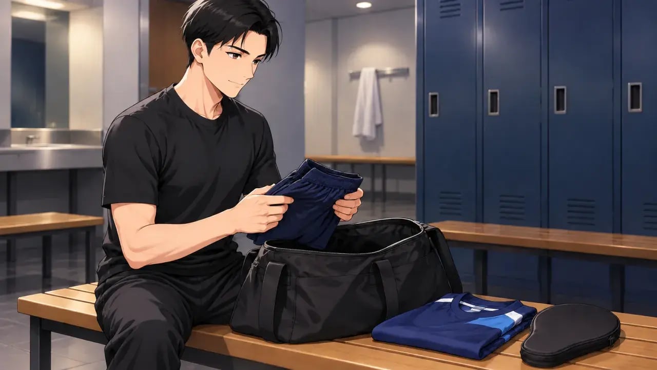 ゲームパンツとシャツをスポーツバッグへ準備する男性