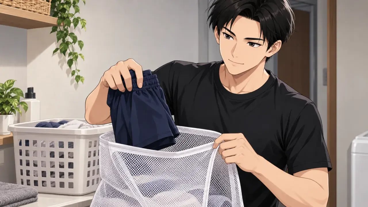 ゲームパンツを洗濯ネットに入れる男性