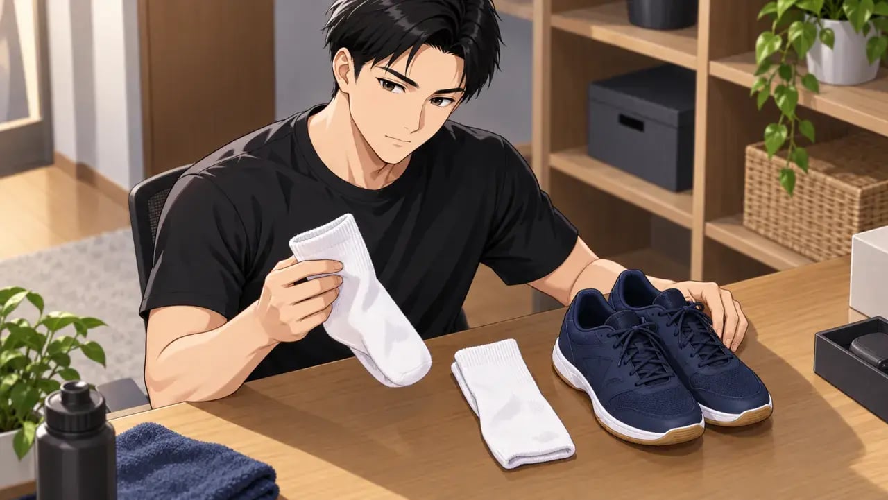 靴下を手に取り卓球シューズと合わせて確認する男性