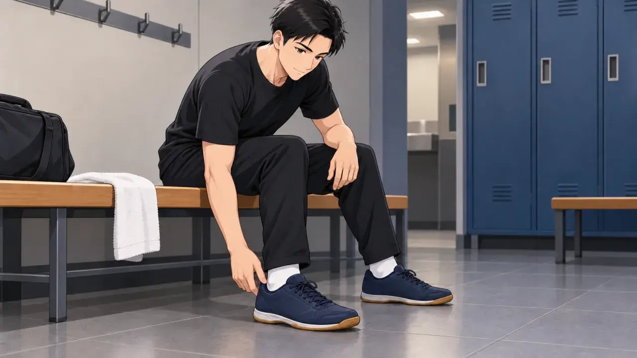 ベンチに座って靴下とシューズのかかとの収まりを確認する男性