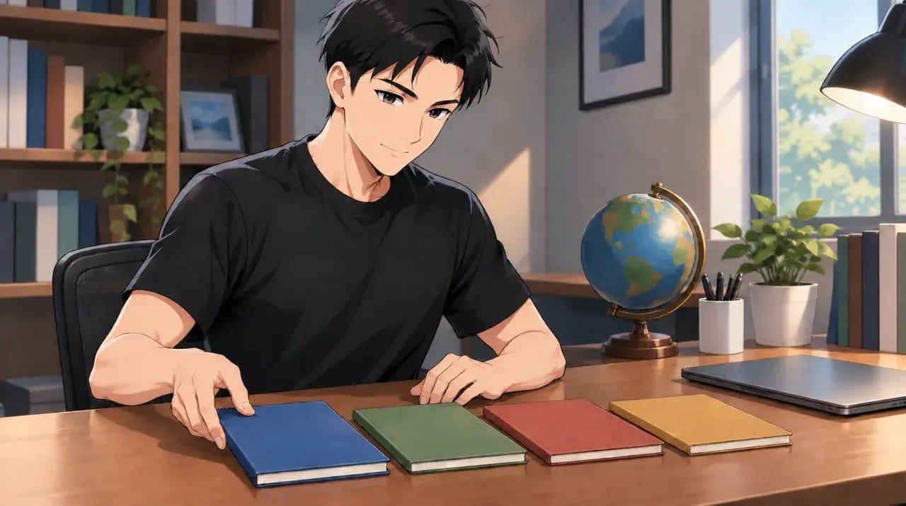 地球儀のある机で色の違うノートを並べる男性