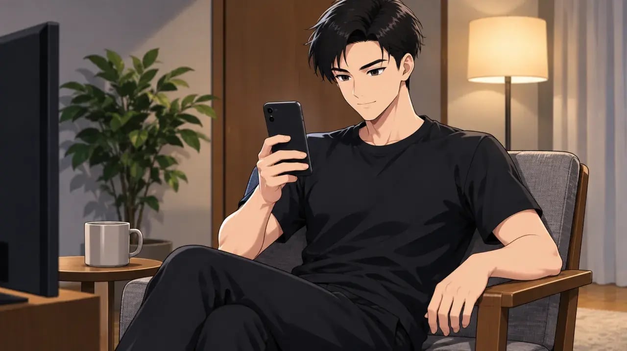 自宅でスマートフォンの案内を確認する男性